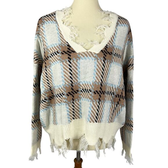 NEW Just Polly Junior Plaid Distressed V-Neck Fringe Boxy Pullover Sweater Large - Picture 1 of 10